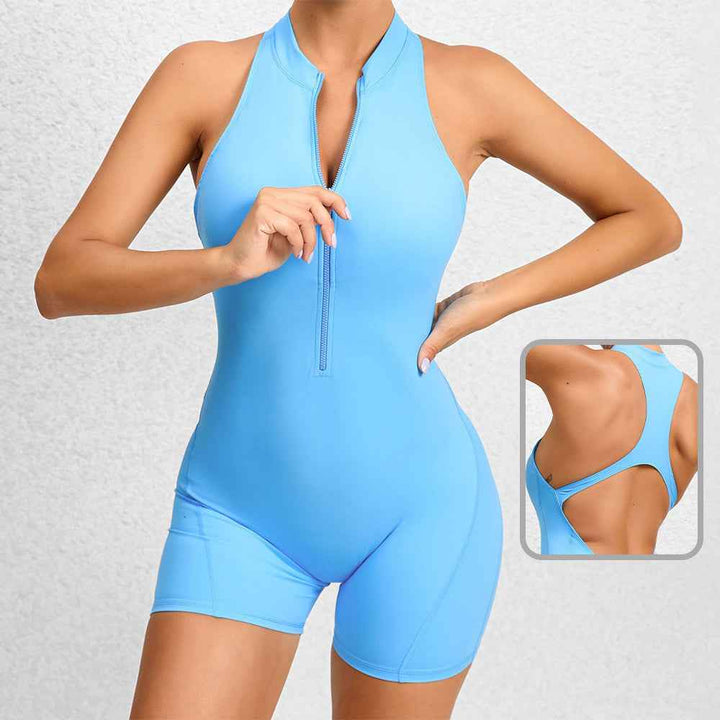 Zippered Yoga Fitness Shorts Jumpsuit Sleeveless Tummy Control Stretch Shapewear Butt Lifting Sportswear Women - LADIESBELLA